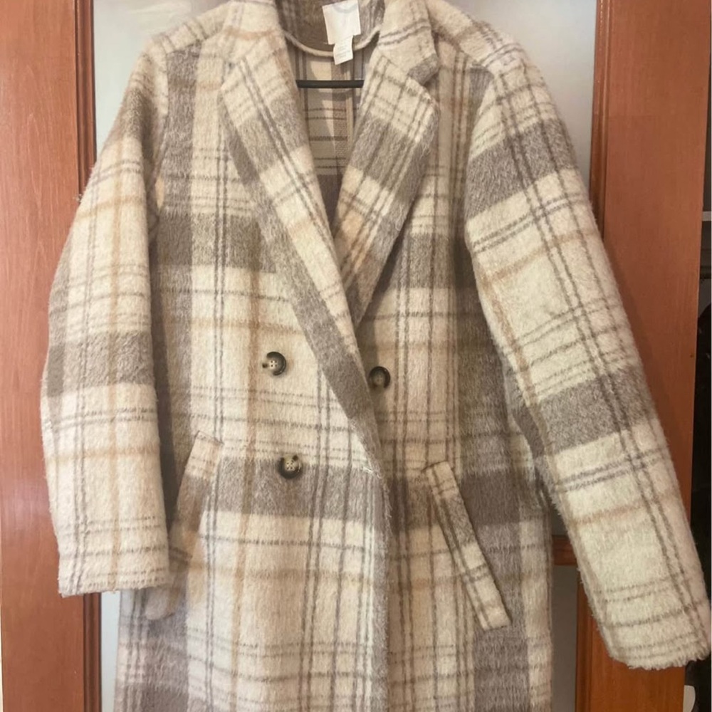 H&M Cream and Gray Plaid Pea Coat